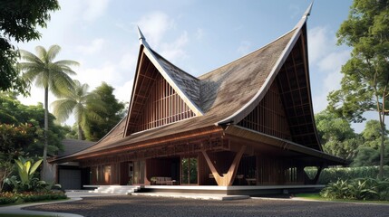 Obraz premium Tropical Wooden House with Sweeping Roofs in Lush Jungle Setting