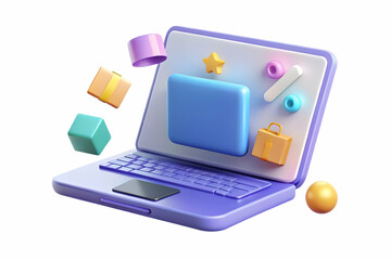 Professional Flat Glossy Laptop on White Surface with Holographic Retail and Coupon Icons for E-commerce Promotions - Simple Vector Illustration