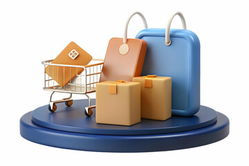 Minimalist Podium with Price Tag and Shopping Cart - Ideal for Retail Promotions and Business Marketing, Ample Copy Space on White Background