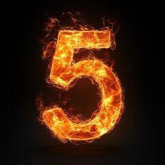 3D number 5 with fire texture realistic modern design, soft lighting, black background.