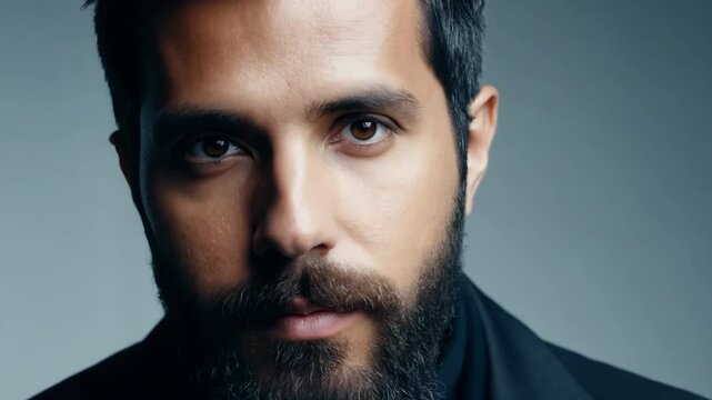 A close-up portrait of a stylish man with a well-groomed beard and intense eyes. His serious expression and dark attire exude confidence, masculinity, and a sharp, modern aesthetic.
