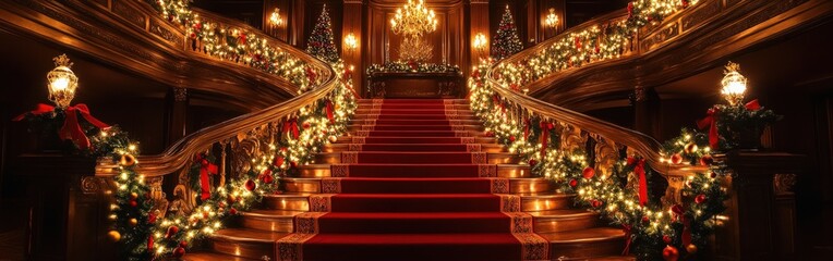 Fototapeta premium Opulent Grand Christmas Staircase with Elegant Holiday Decorations