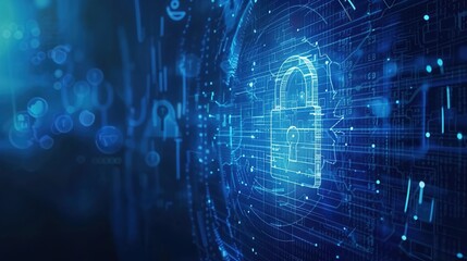 Fototapeta premium A futuristic digital lock symbol with various padlocks and cyber elements, emphasizing the importance of secure data networks