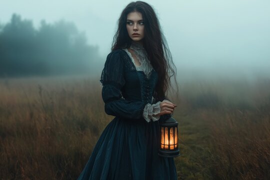 mystical portrait of a girl with a lantern fog