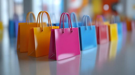 3D Glossy Background with Shopping Bags & Payment Icons for E-Commerce Retail Promotions - Reflective Surface Design Ideal for Advertisements