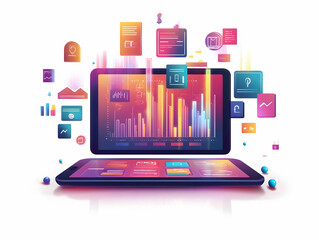Flat Holographic Tablet with Payment and Promotion Icons on Glossy Background - Modern Vector Illustration for Digital Finance and Marketing Content