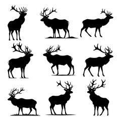 Naklejka premium set of elk silhouette with horn, wildlife illustration in forest nature and jungle habitat with deer and moose