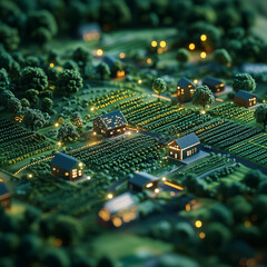 Obraz premium A close-up of a small town at night, with houses and trees lit up. The houses are small and the trees are green, creating a cozy and peaceful atmosphere