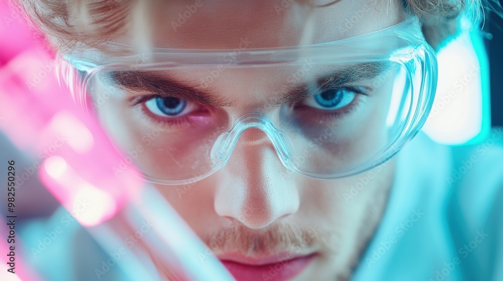 Sticker A scientist carefully pipetting a clear liquid into a test tube, wearing safety goggles and a lab coat, with a background of other lab equipment.