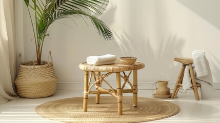 A tropical living room with a natural bamboo coffee table complemented by a lush potted palm and a woven wicker basket filled with beach towels