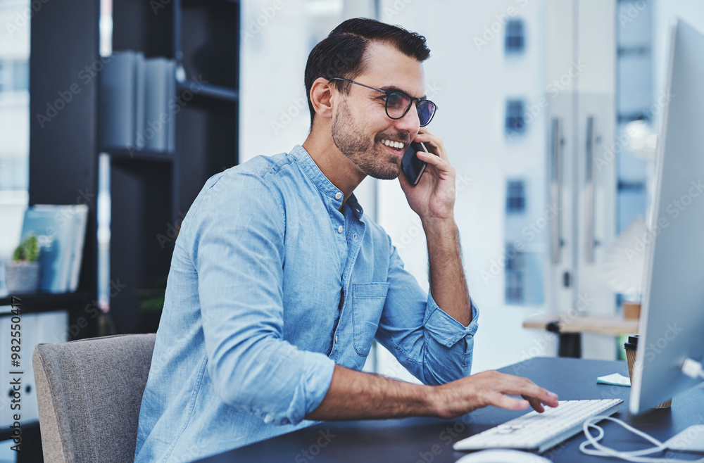 Poster office, man and smile on computer with phone call for consultation and assistance as it specialist. 