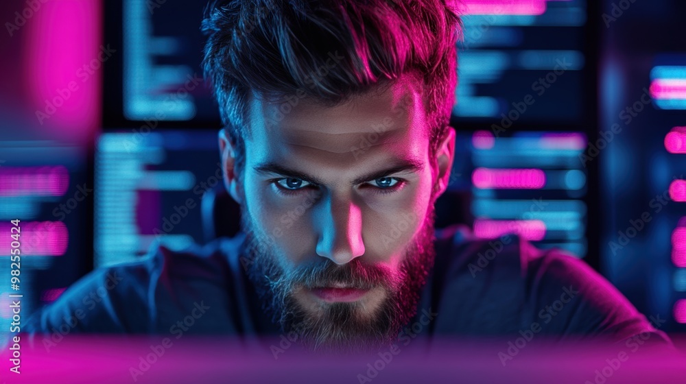 Poster A software developer working intently at a computer, surrounded by multiple screens displaying code and test results, emphasizing the focus on quality assurance.