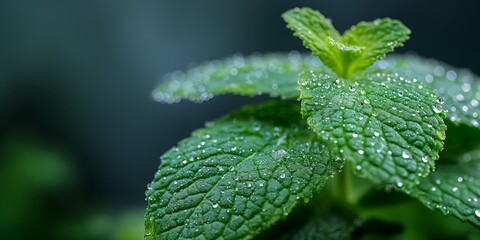 Fresh mint leaves with water droplets on dark background. Image for culinary poster and aromatherapy branding. Banner with copy space.