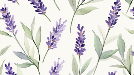 Watercolor lavender and pale green leaves, seamless floral pattern with a light, minimalist feel