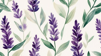Watercolor lavender and pale green leaves, seamless floral pattern with a light, minimalist feel