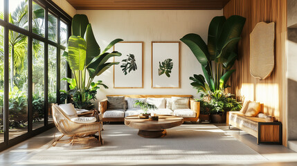 Fototapeta premium Bright, open interior design with tropical wood, bold prints, and large indoor plants, blending modern design with Brazilian flair.