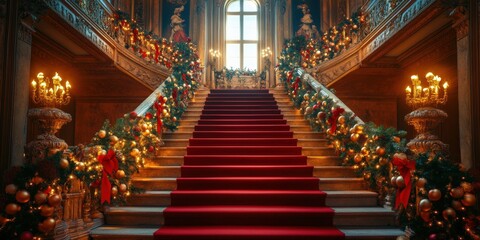 Fototapeta premium Opulent Grand Christmas Staircase with Elegant Holiday Decorations