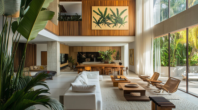 Bright, open interior design with tropical wood, bold prints, and large indoor plants, blending modern design with Brazilian flair.