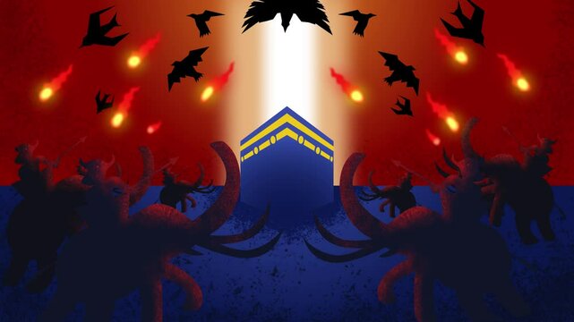 animation scene of Ababil birds soaring and hurling fiery stones at the panicked elephants below, while the distant Kaaba stands illuminated and protected