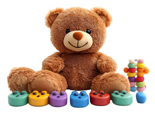 Fototapeta premium a teddy bear and colorful toys. 