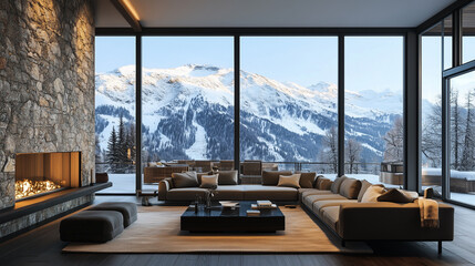 Contemporary mountain interior design concept with a mix of sleek, modern furniture, cozy textiles, and large windows showcasing alpine views.
