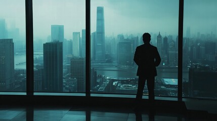 Fototapeta premium Investor standing at a window, silhouetted against the city skyline, a secretive expression as they look over the marketใ