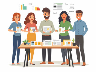 Fototapeta premium Flat Candid Business Team Collaborating on Digital Coupons: Vector Illustration of Strategic Meeting for Marketing and Promotions