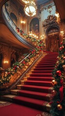 Obraz premium Opulent Grand Christmas Staircase with Elegant Holiday Decorations