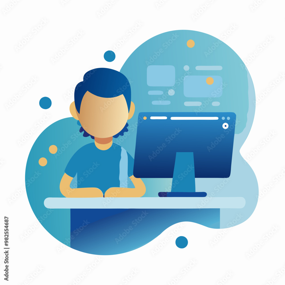 Poster young man working on computer with calm expression in modern workspace