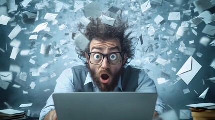 Overworked office worker struggling with email and document overload at computer desk