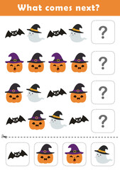 What comes next? Educational logic game for kids with cute halloween illustration. Worksheet for children.	