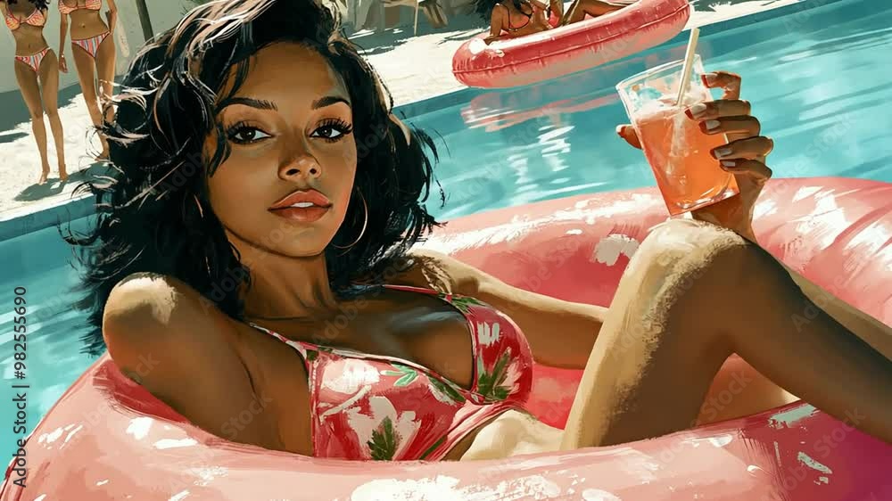 Aufkleber relaxing by the pool in summer with drinks and inflatable rings generative ai
