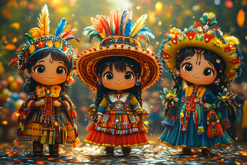 Three adorable cartoon girls in traditional colorful costumes with large hats and feathers.