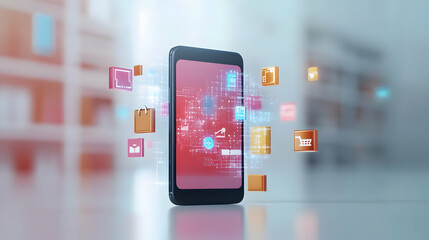 3D Glossy Smartphone on White Background with Holographic Retail & Business Icons - Perfect for Mobile Commerce Branding & Retail Marketing