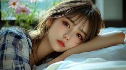 Beautiful Woman Resting on a Pillow