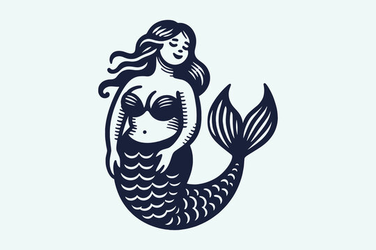 recommend clip art: Curvy plump mermaid. Engraving vintage vector illustration, monochrome black color. Woodcut logo, emblem