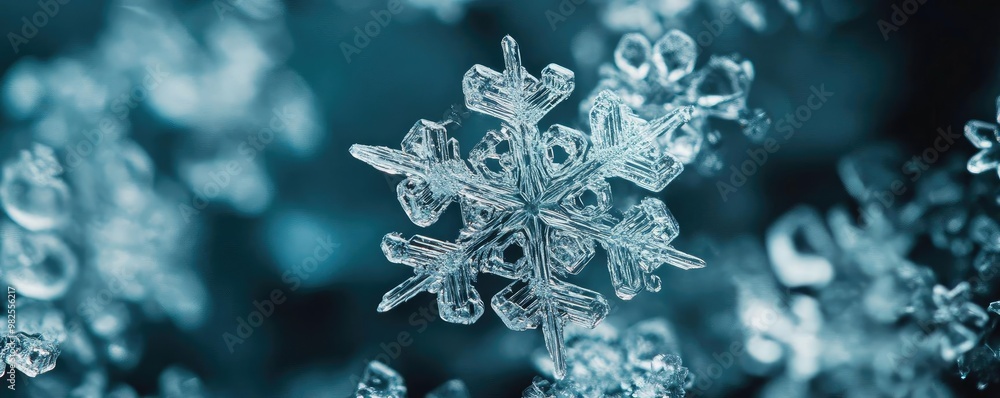 Poster A detailed close-up of a unique snowflake showcasing intricate patterns and crystalline structures against a blue background.