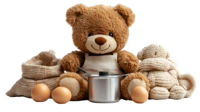 a stuffed bear with a pot and eggs.
