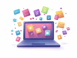 Flat Glossy Laptop with Floating Holographic Coupon Icons for E-Commerce Promotions - Ideal Digital Retail Design with Ample Space for Branding