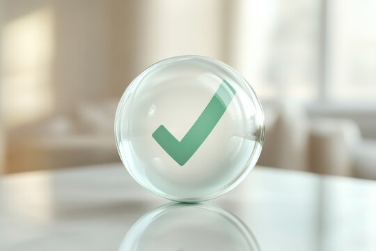 Green checkmark inside a hollow glass globe on a white surface, symbolizing agreement or approval.