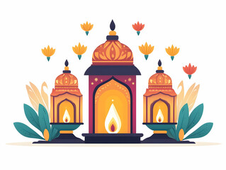 Obraz premium Flat Abstract Lantern and Rangoli Border Frame - Minimalist Vector Design with Ample Copy Space for Cultural Events and Announcements