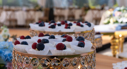 Trays with sweet blackberry and blueberry snacks against blurred party hall background