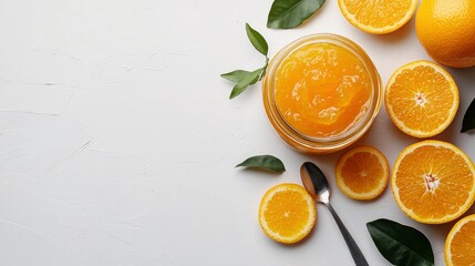 A beautifully crafted jar filled with vibrant orange marmalade or jam sits amid sliced ​​oranges, showing off its texture on a clean surface. copy space. top view.