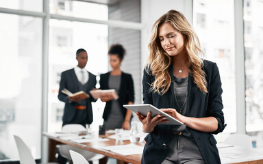 Business woman, tablet and online in office for research, networking and communication with news....