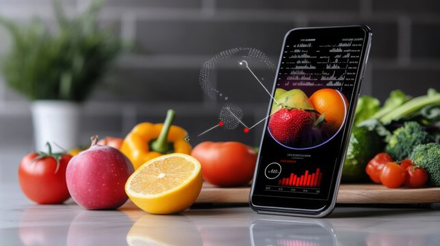 Healthy Diet App on Smartphone with Fresh Fruits and Vegetables