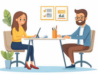 Flat Vector Illustration of a Candid Financial Consultation: Client and Consultant Discussing Savings, Spending, and Profits in an Office Setting