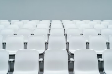 Fototapeta premium Rows of white seats stretch across the grandstands of an unoccupied sports arena