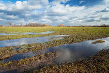 Fototapeta premium Water on the rural field and clouds on the sky