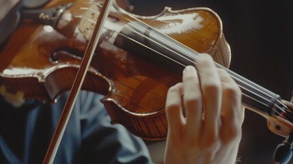 A close-up of a classical musician playing the violin on stage. The focus is on the hands holding the bow, and the detail showcases the musicianship involved in the performance.