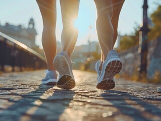 Jogging duo on stone walkway at sunrise or sunset.